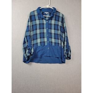 Habitat Teal Plaid LS Button Up Oversize Shirt Women's Medium Pockets Stretch